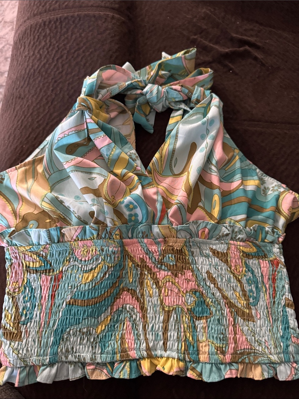 Smocked Halter Tank Top in Teal & Pink